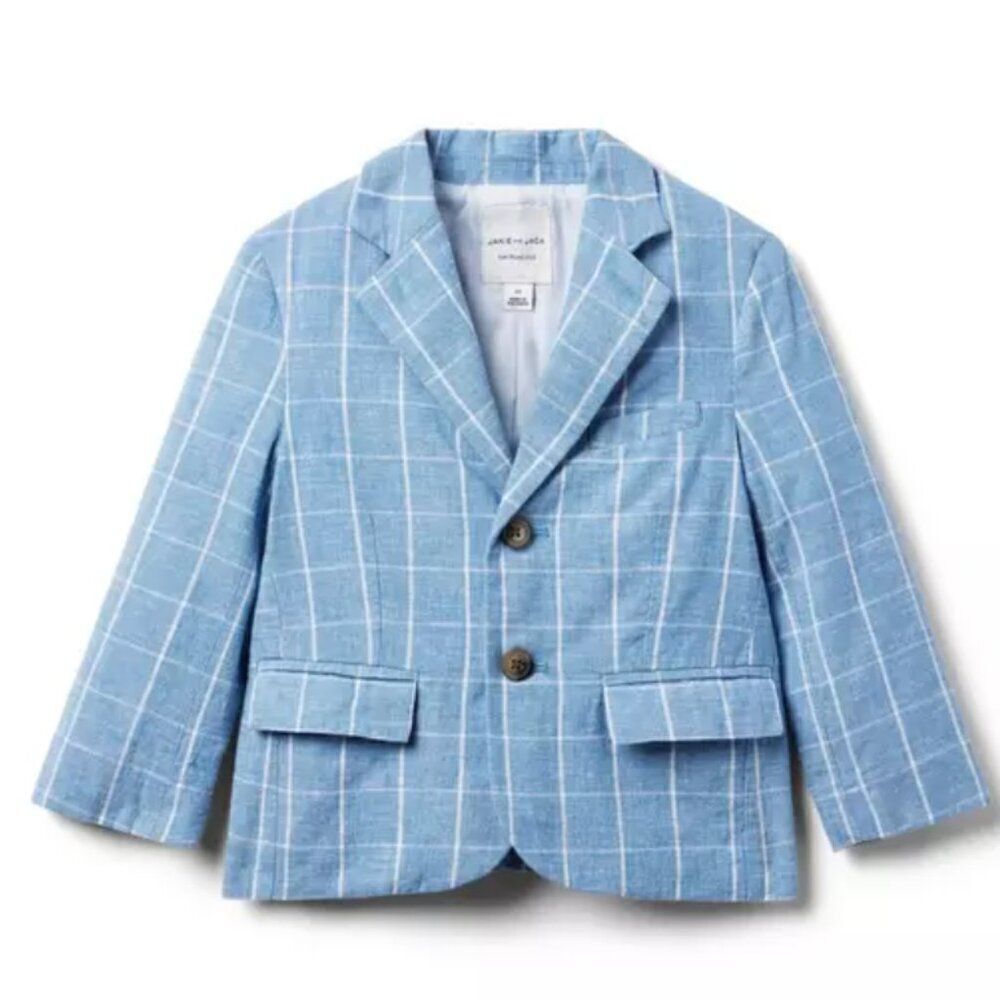 Janie and Jack 100049166 Blue and white  Tattersall Linen-Cotton Blazer NWT